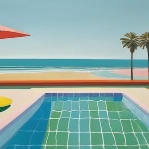 Könnte beinhalten: Ein Gemälde eines Schwimmbeckens mit einer Liege und einem rosafarbenen Sonnenschirm. Der Pool ist von einem weißen Deck umgeben und bietet einen Blick auf das Meer und Palmen.