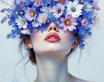 繊細なブルーの遊び心のある抽象的な人物アート、花を持つ女性フローラ