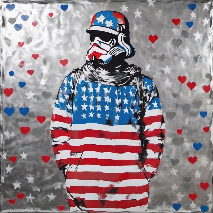 Motif Banksy USA 02 American Flag Stencil Art Street Art Graffiti Silver We need love PopArt up to 150 x 150 cm Canvas/Modern/Frame black