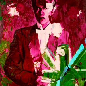 May include: Abstract painting of a person in a dark red suit with a white bow tie. The background is a mix of red and pink hues with green and blue accents. The artwork has a bold, expressive style.