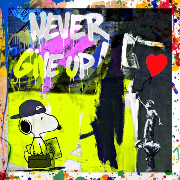 Motivation Never give up Banksy Hommage Girl with Balloon Comic Neon Gelb Gallery Print Acrylglas PopArt bis 150x150 Leinwanddruck/StreetArt