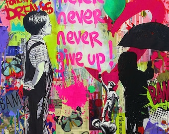 Banksy Homage Never give up Pink Typography Print Gallery Print Acrylic Glass Pop Art up to 150x150 Canvas Print/Street Art/Graffiti