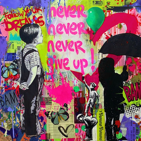 Banksy Hommage Never give up Pink Typografie Druck Gallery Print Acrylglas Pop Art bis 150x150 Leinwanddruck/Street Art/Graffiti