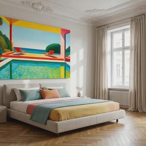 May include: A bedroom with a large painting above a bed. The painting shows a pool scene with red sun loungers. The room has hardwood flooring, neutral curtains, and a side table with a lamp. The bed has a light-coloured frame.