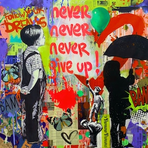 Motif Banksy Street Art Never give up Yellow Purple up to 150 x 150 cm Canvas Print/Motivation/XXL Print/XXL Formats/Alu Dibond/SilverAlu/Pop Art