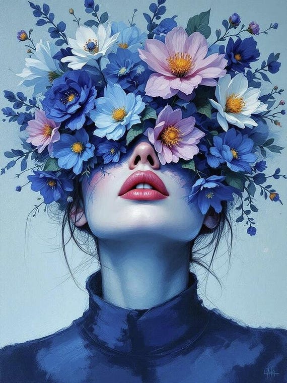深い青の遊び心のある抽象的な人物アート、花を持つ女性フローラ07女性