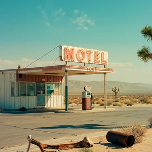Op de afbeelding: Woestijnmotel met een vintage 'MOTEL'-bord, een benzinepomp en een Joshua-boom onder een heldere blauwe lucht. Het motel is een gebouw met één verdieping en een verweerde buitenkant. De scène roept een gevoel van isolatie op.
