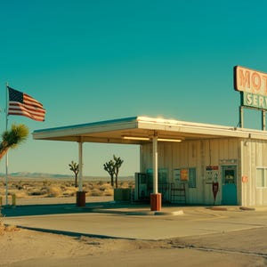 Op de afbeelding: Een vintage motel met een "MOTEL SERVICE" bord tegen een helderblauwe lucht. Een Amerikaanse vlag wappert in de wind. Een Joshua-boom staat op de voorgrond, met een woestijnlandschap op de achtergrond.