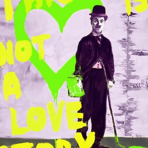 Hołd dla Charliego Chaplina Neon żółty-to nie jest historia miłosna niebieski-sztuka uliczna-pop-art-typografia-elementy abstrakcyjne, obrazy na płótnie