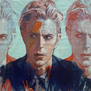 May include: A portrait painting featuring a man with light-colored hair and a lightning bolt across his face. The artwork has a blue, red, and orange color palette. The man is wearing a dark blue jacket.