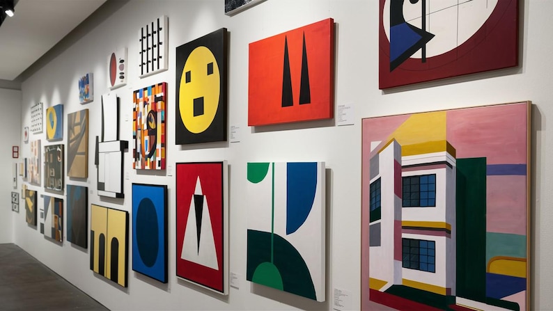 May include: A gallery wall displays a collection of framed abstract paintings. The artworks feature geometric shapes, bold colors like red, yellow, and blue, and various compositions. The paintings vary in size and style, creating a diverse art exhibition.