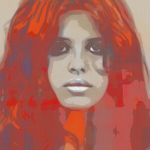 Pode incluir: Uma pintura digital de uma mulher com cabelo comprido e vermelho que flui. Seu rosto é pintado em uma paleta suave e discreta de cinza e branco, com um toque de rosa nos lábios. O fundo é vermelho sólido.