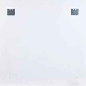 May include: A white background with two dark gray square shapes at the top and two smaller shapes at the bottom. The square shapes at the top have two small, horizontal, rectangular cutouts. The smaller shapes at the bottom are rectangular.
