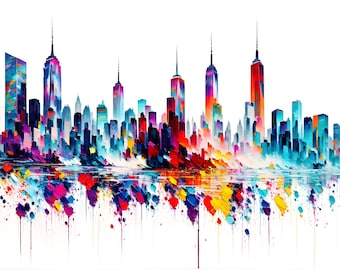 New York Skyline Print, America Painting Art Print, New York Cityscape, Colorful, New York, Canvas, Art Poster, USA Wall Decor, Pop Art