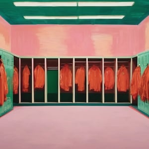 May include: A row of green lockers with open doors revealing red jackets hanging inside. The lockers are in a room with pink walls and a green ceiling.