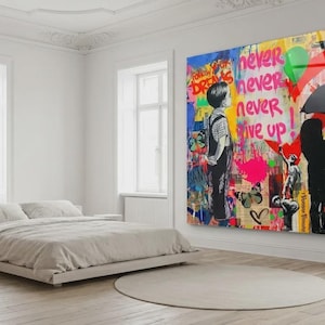 May include: A large, colorful wall art piece with graffiti-style art, featuring the words "never give up." The artwork depicts two figures, one holding an umbrella. The room also includes a bed, a floor lamp, and a round rug.