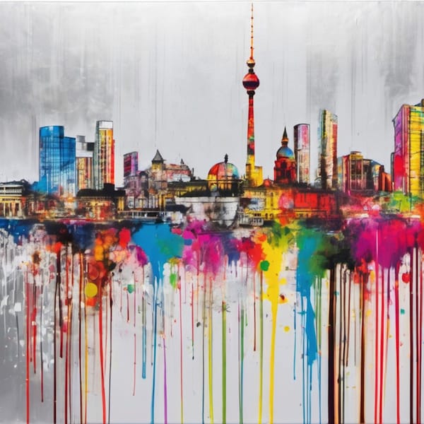 Skyline Berlin Splash Farben Silber Edition Farbe Metallic Grau Stadt Berlin City  200x150 cm Gallery Print/XXL Leinwand//Alu Dibond/Pop Art