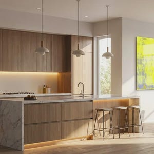 May include: Modern kitchen with wooden cabinetry, a marble-topped island, and pendant lights. Features a built-in oven and microwave, a dining area with chairs, and a large abstract painting with yellow and blue tones.
