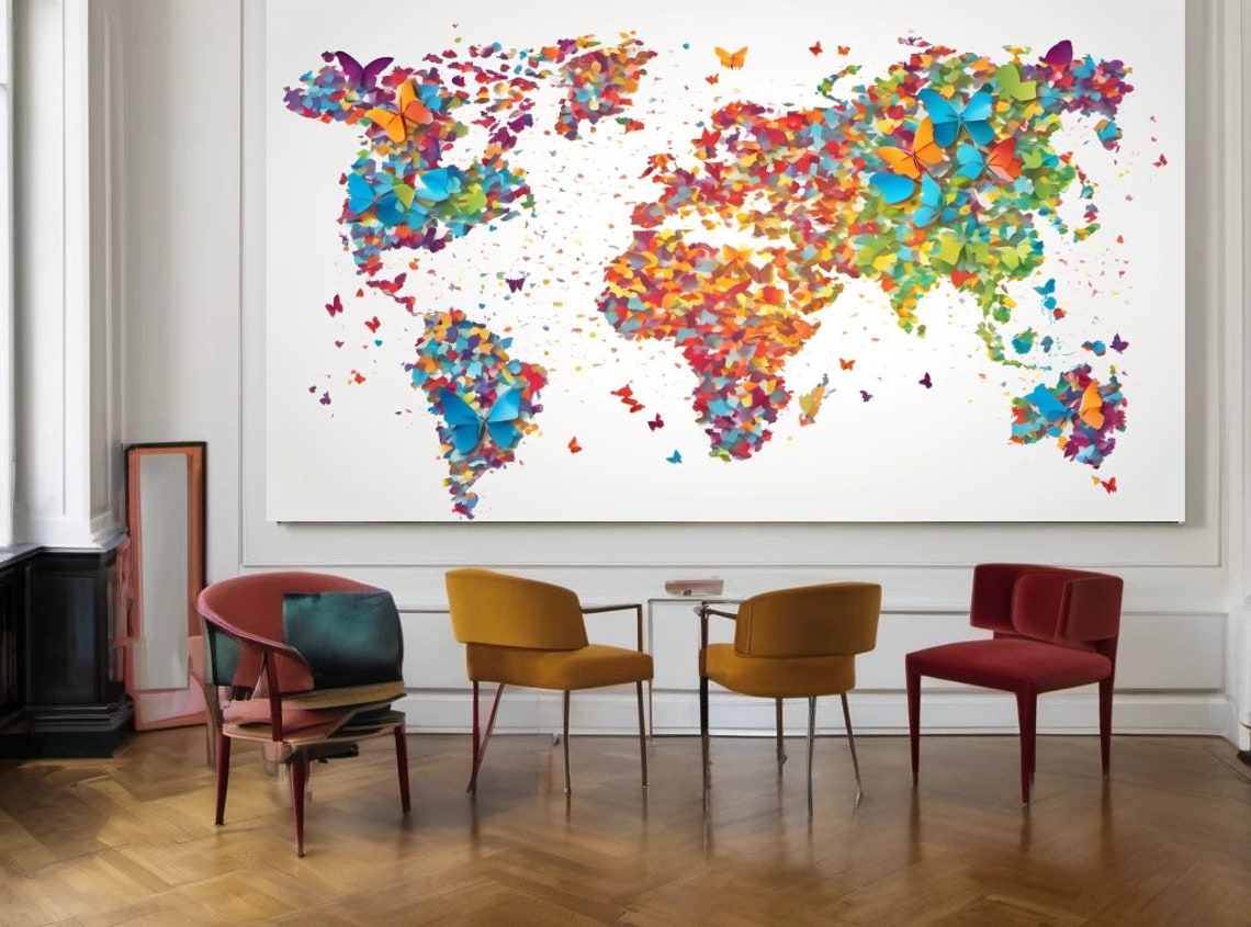 Colorful Butterflies World Map Avantgarde Print Pinboard Wall Pictures ...