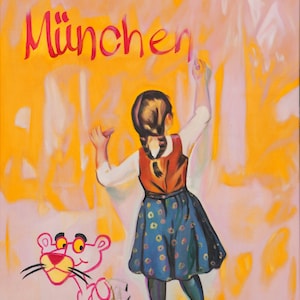 Münchner Kindl Dirndl Stadt Banksy Art Street Art Orange 75x100 Leinwanddruck/Posterpapier/XXL Druck/Modern Art/PopArt/Zeitgenössische Kunst