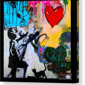Homage Motif Banksy Girl Homage Trouble with Balloon Special feature: Canvas with 5 cm thick stretcher frame/Colors/Modern Art/Pop Art/Print