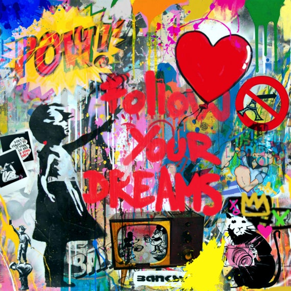 Homage Banksy Girl With Balloon Follow U Dream 80 X 80 Cm Canvas