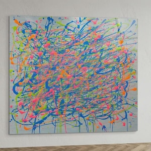 Abstract Speed Drip Painting Neon Splash Colors 100 x 90 cm Acrylic Glass Print Premium Modern Wall Decor Art Large Format Abstract Expressionism