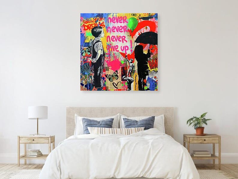 May include: Colorful pop art style canvas print featuring a boy looking up, a person with an umbrella, and the words "never never give up". The artwork includes butterflies, a heart, and a green balloon.