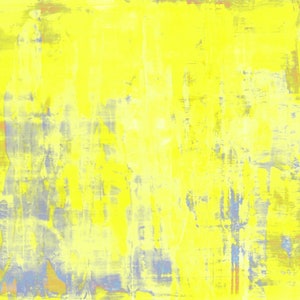 May include: Abstract art piece with a textured, layered appearance. The dominant color is a bright yellow, with hints of blue and gray peeking through the brushstrokes. The artwork has a rough, unfinished quality.