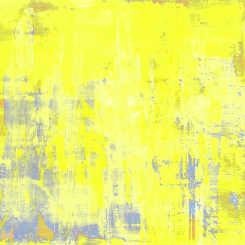 May include: Abstract art piece with a textured, layered appearance. The dominant color is a bright yellow, with hints of blue and gray peeking through the brushstrokes. The artwork has a rough, unfinished quality.
