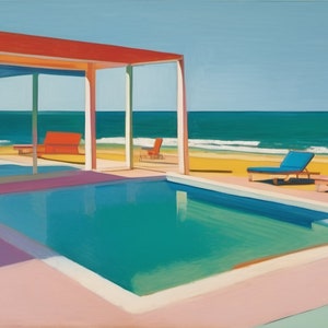Puede incluir: Una pintura de una casa moderna con una piscina y vista al mar. La casa está pintada en tonos de naranja y rojo, y la piscina es de un turquesa brillante. El mar es de un azul profundo, y el cielo es de un azul claro. Hay dos tumbonas en la playa, una azul y otra rosa.