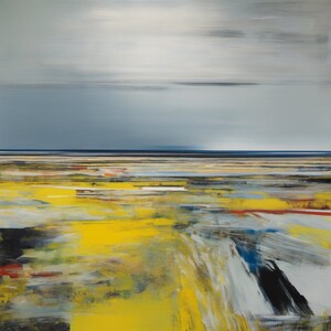 Può includere: Dipinto astratto di paesaggio con linea dell'orizzonte. L'opera presenta un primo piano giallo con pennellate nere, bianche e rosse. Il cielo è un gradiente di grigio e bianco, con una linea blu scuro che rappresenta il mare.
