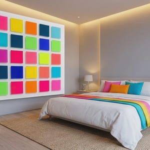 以下が含まれることがあります： 大きな白いベッド、カラフルな枕、虹色のストライプのベッドランナーを備えたモダンなベッドルーム。カラフルな正方形の大きなアートワークがベッドの上に飾られています。ベッドの両側にはランプ付きのベッドサイドテーブルが2つあります。