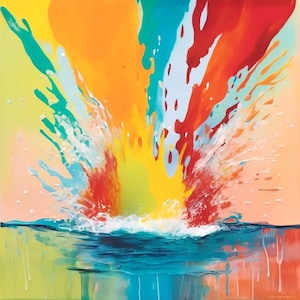 Puede incluir: Pintura abstracta con una explosión colorida de pintura en tonos de rojo, naranja, amarillo, verde, azul y blanco. La explosión parece estar salpicando en un cuerpo de agua.