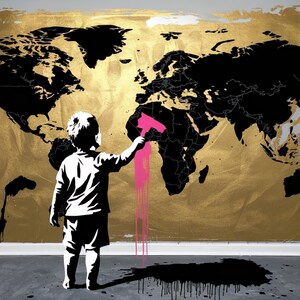 Könnte beinhalten: Ein Kunstwerk im Banksy-Stil, das ein Kind zeigt, das eine rosa Fläche auf einer schwarzen Weltkarte vor goldenem Hintergrund bemalt. Die Silhouette des Kindes ist weiß, mit heruntertropfender Farbe. Die Wände des Raumes sind gold und weiß.