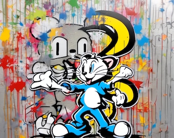 Unique Piece! Crazy Friendship Cat & Mouse Graffiti Offset Print