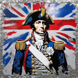 Könnte beinhalten: Ein Gemälde eines Mannes in Militäruniform vor einem Hintergrund mit einer Union Jack-Flagge. Er trägt eine blaue Jacke mit goldenen Verzierungen, ein weißes Hemd und eine weiße Krawatte. Er trägt einen schwarzen Hut mit einer weißen Feder.