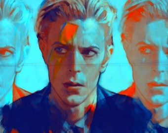 May include: A pop art style portrait of a man with a lightning bolt painted across his face. The image is a vibrant mix of blue, red, and orange hues, with multiple overlapping images of the same person. The man has light-colored hair and is wearing a dark blue jacket.