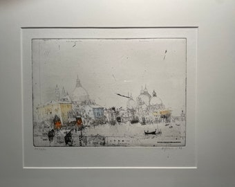 May include: Black and white etching of a cityscape with a large building in the center. The building has a dome and several towers. The etching is on a white background.
