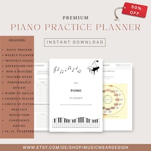 Planificador de práctica de piano imprimible premium (tamaños A4, A5 y carta EE. UU.) / Diario musical digital y registro de repertorio con seguimiento de progreso