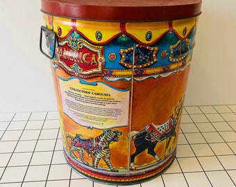 Rare and Exclusive Collector's Carousel Tin | Bertels Can Company 1987 | Designed by Mari Pritchard | Large 14 inch (36 cm) Tin