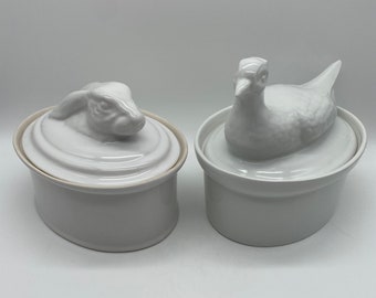 Vintage APILCO Pate Terrine | Pheasant Shaped and Hare Shaped Lid | White Heat Resistant Porcelain Covered Oven to Table Dish