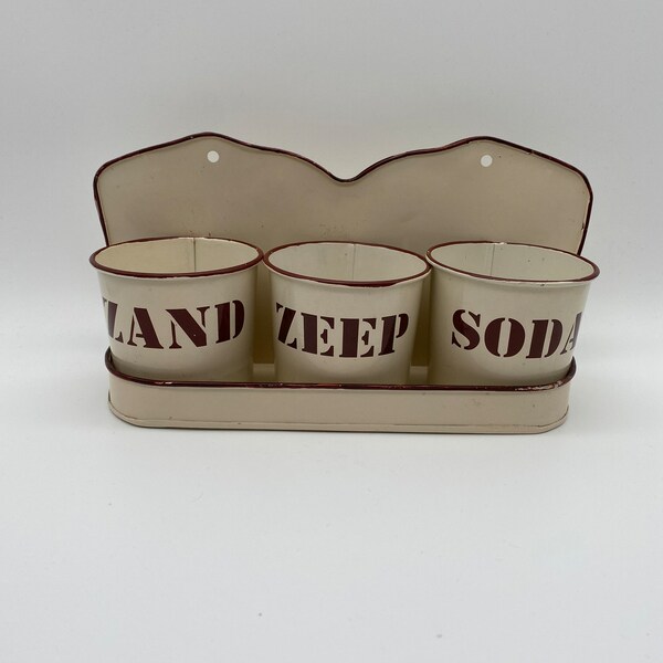 Antique Dutch Zand Zeep Soda Enamel Rack With 3 Pots | Retro Beige and Brown Enamelware Made in Holland