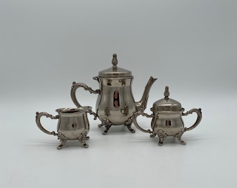 Silver Tea Set of 3 Silverplated | Vintage Tea/Coffee Pot, Creamer, Sugar Bowl with Lid | Victorian Style