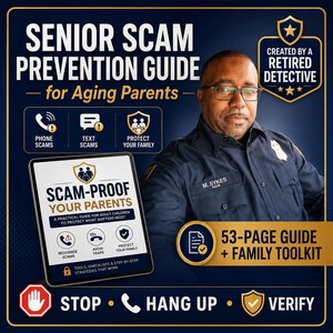 Può includere: Una guida digitale intitolata Senior Scam Prevention Guide for Aging Parents, che mostra una persona in uniforme blu scuro. La guida include un documento di 53 pagine e un kit di strumenti per la famiglia, con testo sulla prevenzione delle truffe.