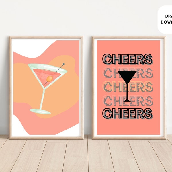 Set of 2, Digital Cute Wall Art, Dorm Room Decor, Home Decor, Printable Trendy Wall Art, Girly Wall Art, Retro Wall Art, Bar Cart Art