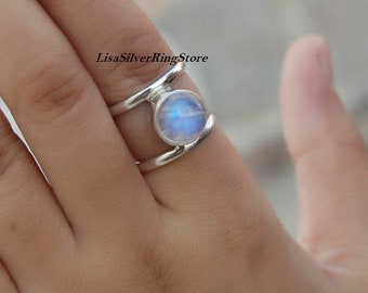 Rainbow Moonstone Solid 925 Sterling Silver Ring For Women | Handmade Round Solid Silver Fancy Hammered Band Ring Anniversary GiftEtsy