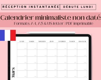 Calendrier minimaliste non daté | Calendrier moderne | agenda digital 2023 | planner français | agenda 2023 | Calendrier imprimable