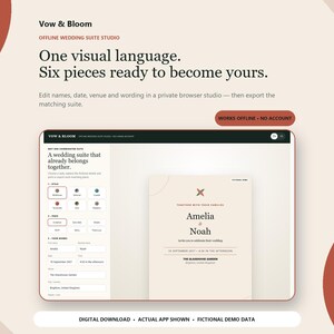 Puede incluir: Una interfaz digital para el estudio de papelería de bodas Vow & Bloom con el texto One visual language. Six pieces ready to become yours. La pantalla muestra una plantilla de invitación de boda con los nombres Amelia & Noah y los detalles del evento.