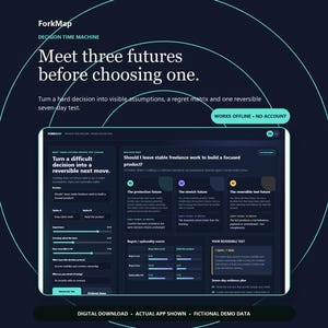 Puede incluir: Una interfaz digital para ForkMap Decision Time Machine mostrada en una pantalla. La interfaz oscura incluye texto como 'Meet three futures before choosing one' y 'WORKS OFFLINE + NO ACCOUNT' junto a varios campos de datos para la toma de decisiones.